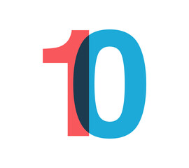 Poster - Overlapping red and blue 10 digits with transparent effect, evokes modernity, joy, energy. Anniversary number design for branding, event graphics, promotional materials. Vector illustration.