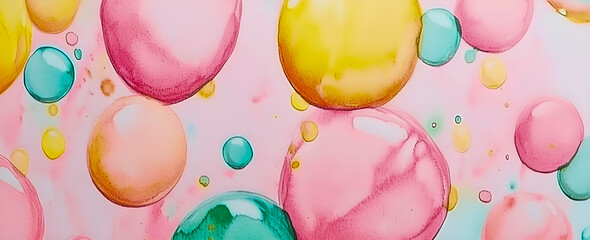 Poster - Abstract watercolor bubbles in shades of pink yellow and teal creating a playful and colorful background design