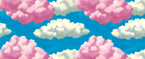 Poster - Seamless cloudscape illustration featuring pink white and yellow clouds against a vivid blue sky in a watercolor style