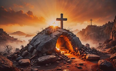 Aufkleber - Cross is on top of a rock structure in a rocky area. The sun is shining on the cross, creating a warm and peaceful atmosphere
