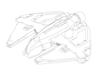Poster - A drawing of a spaceship with a black and white color scheme. The spaceship is a fighter jet with a sleek design and a futuristic look. Concept of adventure and excitement