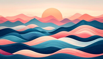 Poster - Sunset over Abstract Mountains and Waves: A Serene Digital Landscape