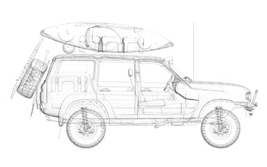 Poster - A white car with a surfboard on top of it. The car is parked on a white background. Side view