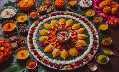 Poster - large round plate of food with many different dishes on it. the plate is decorated with flowers and 