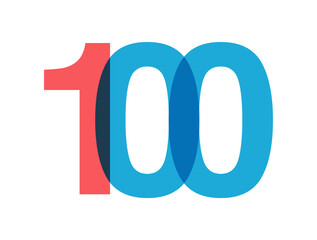 Poster - Overlapping red and blue 100 digits with transparent effect, evokes modernity, joy, energy. Anniversary number design for branding, event graphics, promotional materials. Vector illustration.
