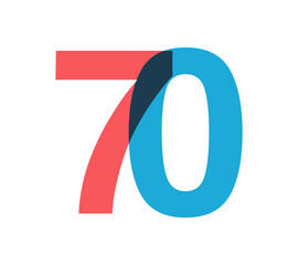 Poster - Overlapping red and blue 70 digits with transparent effect, evokes modernity, joy, energy. Anniversary number design for branding, event graphics, promotional materials. Vector illustration.