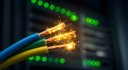 Poster - Close Up of Stripped Sparking Electrical Wires Against Dark Blurry Server Rack with Green Lights Electronic Technology Data Connection