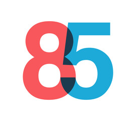Aufkleber - Overlapping red and blue 85 digits with transparent effect, evokes modernity, joy, energy. Anniversary number design for branding, event graphics, promotional materials. Vector illustration.