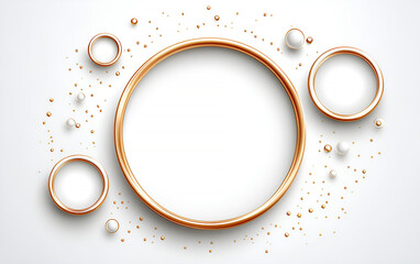 Poster - Elegant gold ring frames with white blank spaces and shimmering golden and pearl-like decorative elements arranged on a light background.