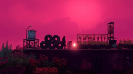 Poster - colorful rooftop garden at sunset with a figure silhouetted against pink sky