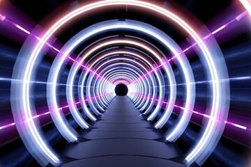Poster - Abstract Neon Tunnel with Pink Purple and Blue Circular Lights