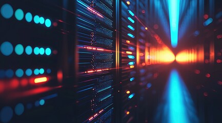 Aufkleber - Close-up view of illuminated server racks in a high-tech data center corridor with glowing red and blue lights, great for cybersecurity, network, or digital tech visuals