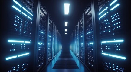Poster - Glass-walled corridor of a neon-lit futuristic server room with strong blue glow and reflections, great for cloud computing, AI systems, and high-end network technology