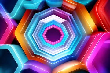 Fototapete - Vibrant Neon Hexagon Tunnel Abstract Background