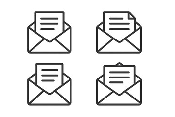 Aufkleber - Four outlines of envelopes with documents in various positions representing communication and correspondence