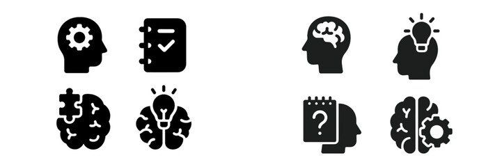 Aufkleber - Exploration of cognitive processes illustrated through black and white icons depicting thinking, creativity, and problem solving