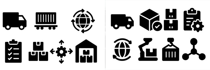 Poster - Icons representing logistics, supply chain management, and warehouse operations in a modern setting