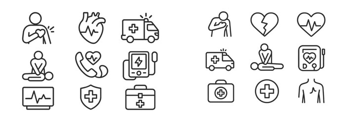 Aufkleber - Health and emergency icons representing medical care, heart safety, and first aid procedures in a modern design format