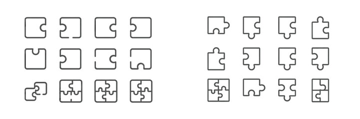 Poster - Various puzzle piece designs arranged in grids on a white background showcasing unique shapes and configurations