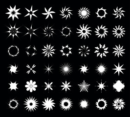 Fototapete - this collection features numerous star and flower shapes in white against a solid black background. 