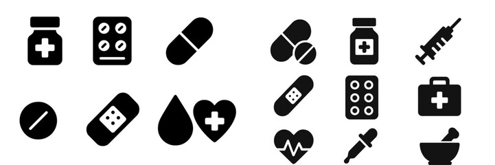Aufkleber - Health care symbols depicting medicine, medical supplies, and emergency items on a simple black and white background