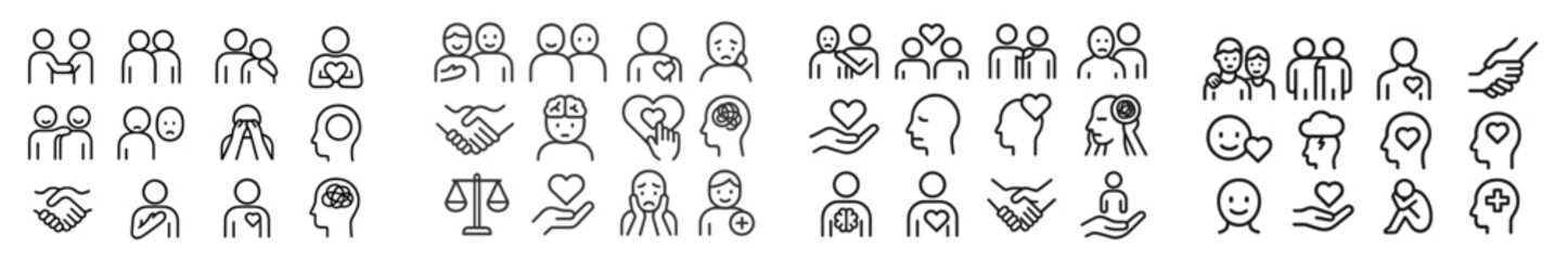 Poster - Collection of diverse line icons illustrating various human emotions and social interactions in a minimalistic style