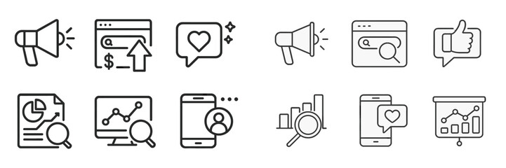 Aufkleber - Various icons representing digital marketing activities such as social media engagement, data analysis, and online advertising tools