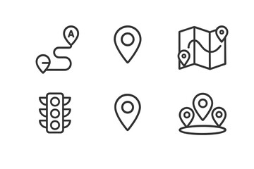Fototapete - Collection of travel icons including maps, location markers, and traffic signals illustrating navigation concepts