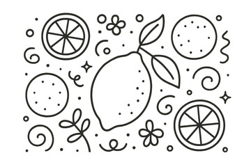 Poster - Decorative illustration featuring lemons and citrus slices with simple floral designs in a playful arrangement