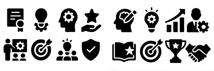 Poster - Collection of black icons representing creativity, motivation, business, and teamwork in a modern design