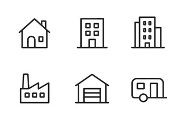 Poster - Different types of buildings including houses, apartments, factories, garages, and trailers illustrated in a minimalistic style