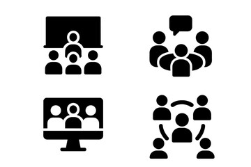 Fototapete - Icons representing different group meeting formats including in-person discussions, virtual meetings, and group interactions