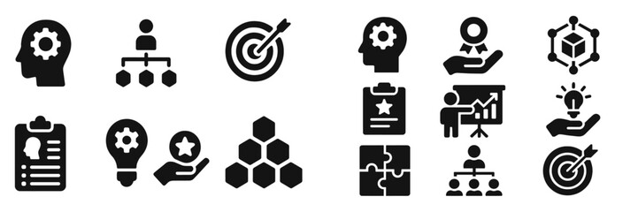 Poster - Creative symbols representing teamwork, innovation, and strategic planning in a modern workspace setting