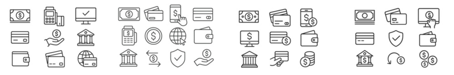 Poster - Financial symbols and icons representing transactions and banking activities displayed on a clean background