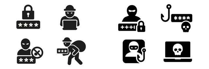 Aufkleber - Security icons illustrating cyber threats such as hacking and password theft in a digital landscape