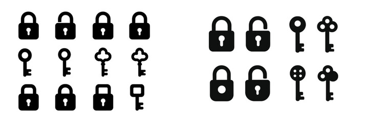 Leinwandbilder - Different shapes of locks and keys in a black and white illustration showcasing security concepts