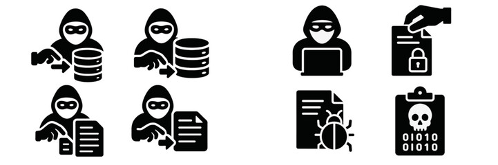 Poster - Cybersecurity threats depicted through icons highlighting data theft and hacking activities in a digital environment