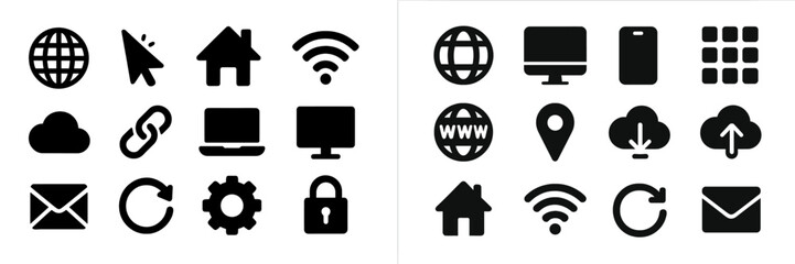 Poster - Collection of black and white digital icons representing technology and communication concepts for web design and applications