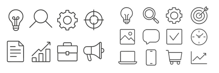Poster - Networking ideas and business concepts represented by various icons in a modern workspace