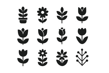 Aufkleber - Different types of black silhouette flower and plant designs in various shapes and sizes for decoration purposes