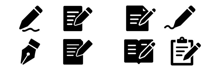 Poster - Vector graphic icons of pencils, notepads, and clipboards in black showcasing various writing and note-taking activities