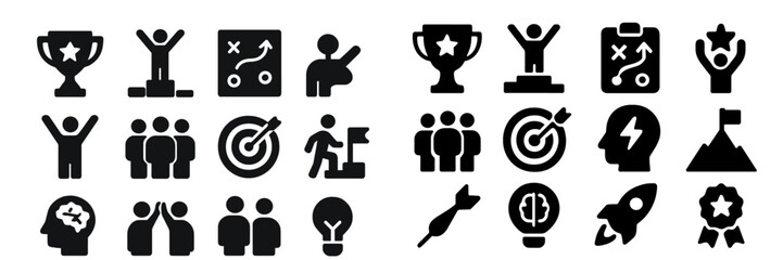 Poster - Creative collection of black icons representing teamwork, achievement, and strategy concepts set against a white background