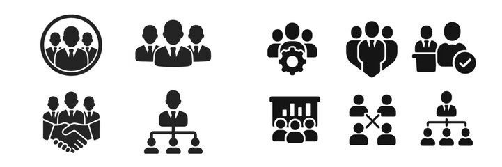 Poster - Diverse business team icons showcasing collaboration, management, and organizational structure in a modern workspace setting