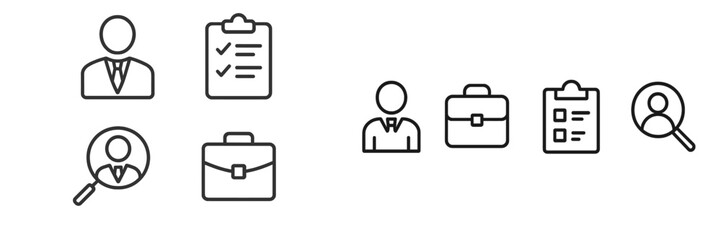 Aufkleber - Professional symbols representing job search, recruitment activities, and organizational tasks in a modern workspace setup