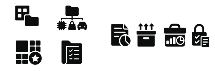 Fototapete - Icons representing various aspects of technology and data management displayed in a monochromatic design on a white background