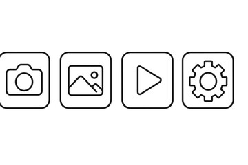 Aufkleber - Icons representing different types of media and functions prominently displayed on a grid layout in a modern style