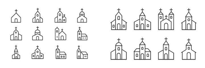 Aufkleber - Various simple line drawings of churches showcasing different architectural designs and styles in a minimalist format