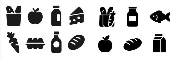 Poster - Various food icons including fruits, vegetables, and dairy items on a white background