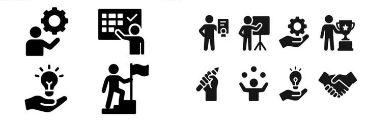 Poster - Icons representing teamwork, goal-setting, and innovation in a corporate environment