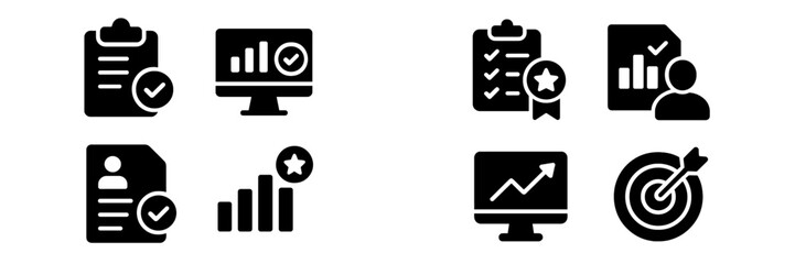 Poster - Icons representing performance metrics, analytics, and evaluation processes in a corporate setting